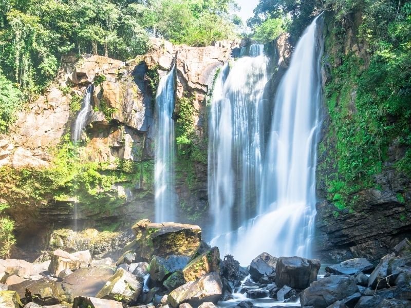 Waterfall is falling off a huge cliff. It is several parts arriving on a large rocky surface within a rainforest