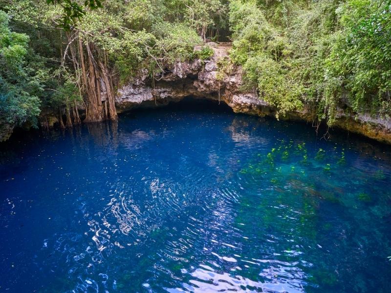 Blue green water surrounded by rocky sides and green forest.