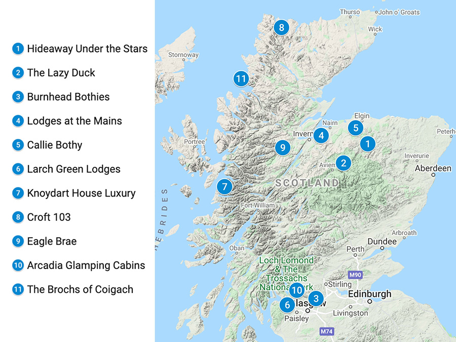 Map of Scotland with blue circles pointing to each of the 11 eco lodges featured in this article