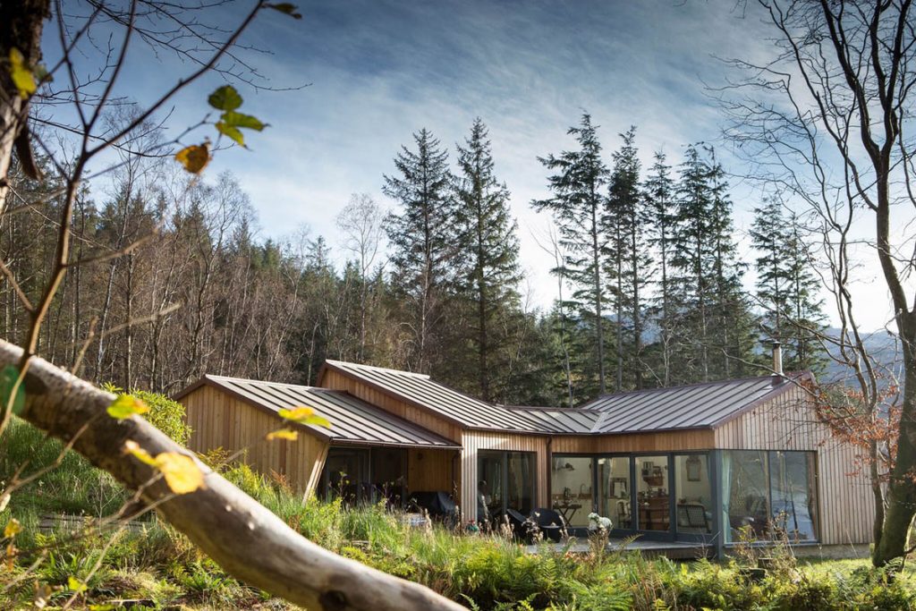 Wooden house in the middle of the forest with large windows