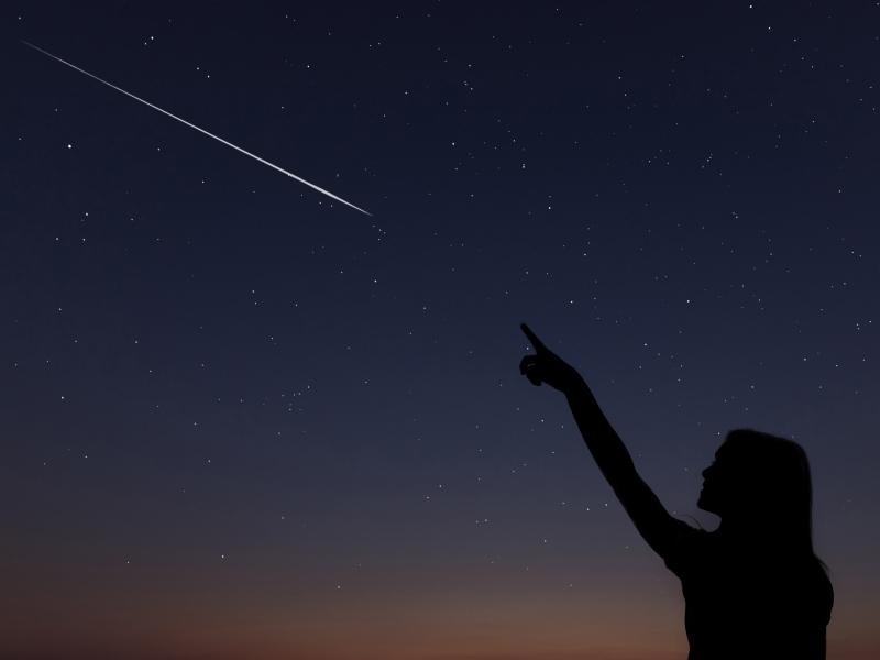 A dark figure is pointing at a shooting star on the night sky