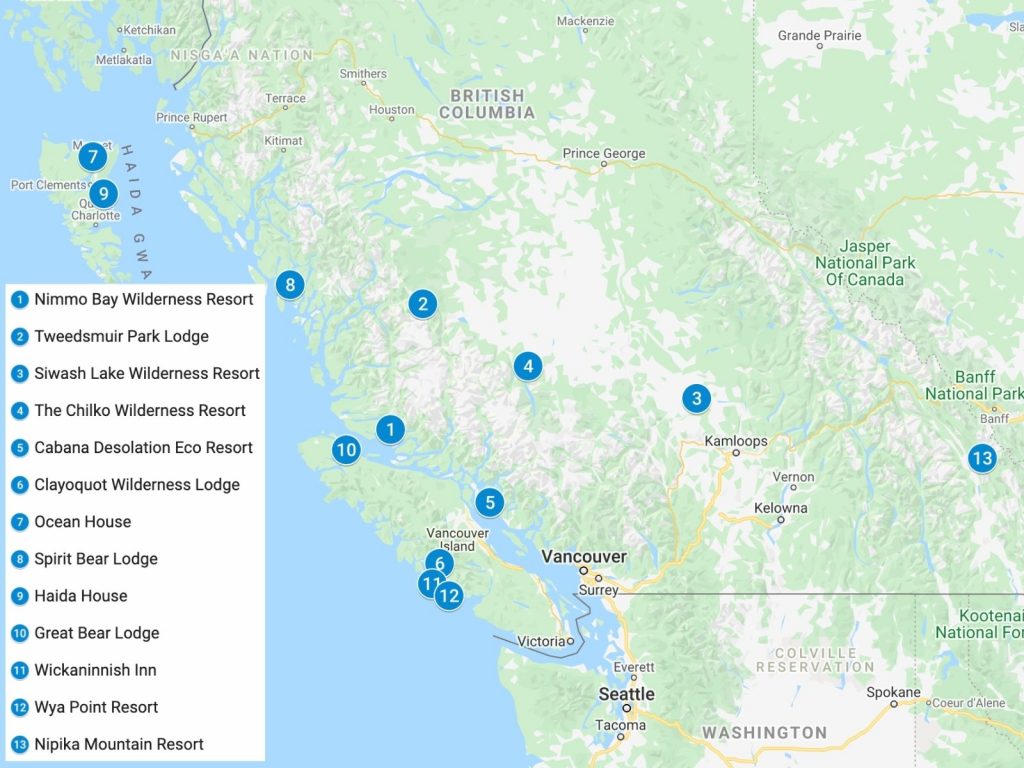 A map with blue pins showing where these eco lodges in British Columbia are situated. 