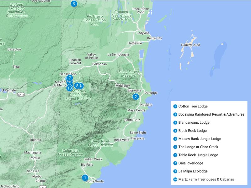 Map of Belize with blue pins showing the 10 eco-lodges listed in this article