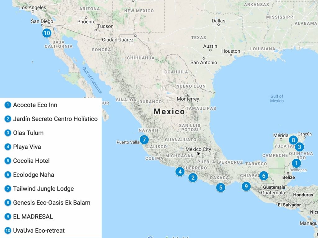 Map of Mexico with blue pins to show the eco-lodges listed in this article