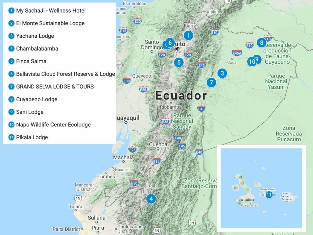Map of Ecuador with blue pins to show the eco-lodges listed in this article