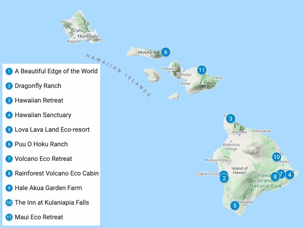 A map of Hawaii with 13 blue pins showing where the eco-lodges in this post are located. 