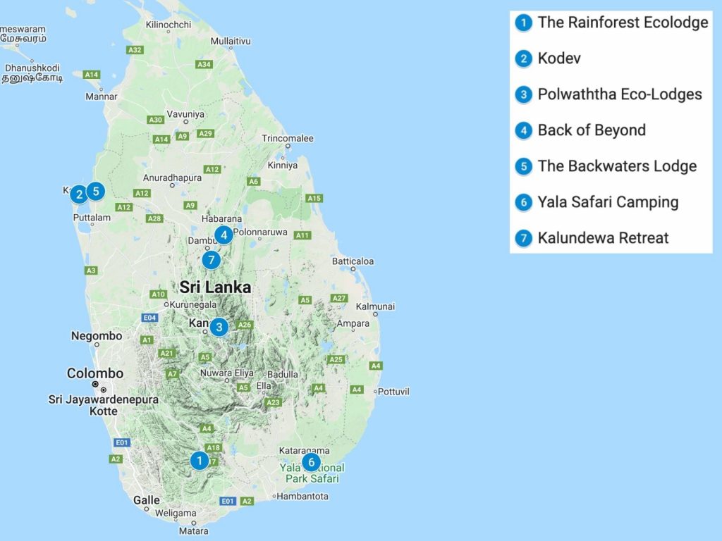 A map of Sri Lanka with blue pins showing where the eco-lodges from this article are located. 