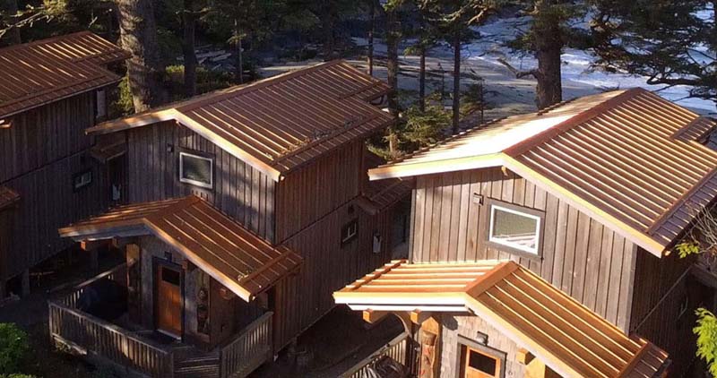 Small wooden houses in the forest right next to each other. Behind a sandy shore and ocean waves. 