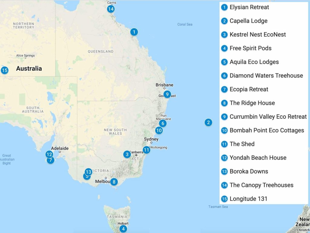 The map of Australia with blue pins showing where these luxury lodges are situated. 