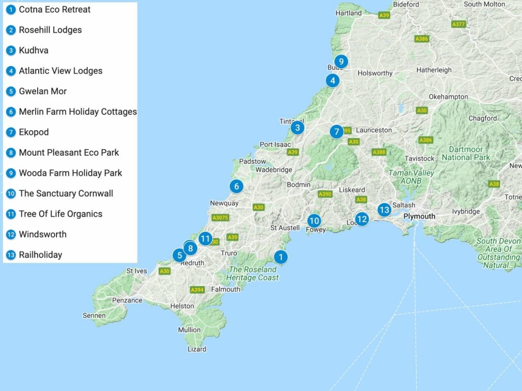 A map of Cornwall showing 13 blue pins for where the eco-lodges in this article are situated. 