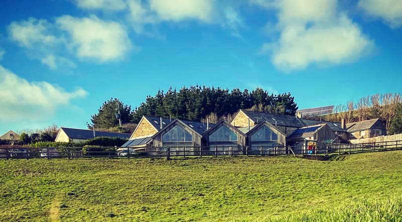 A handful of wooden cottages with huge windows on the top of the hill. Small forest is behind them and solar panels to the right. 