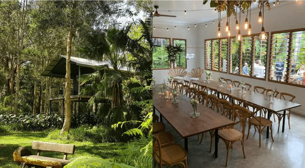 2 photo collage where the first show a two-storey building in the middle of the rainforest, the second shows a dining hall with 2 long tables and wooden chair around them. 