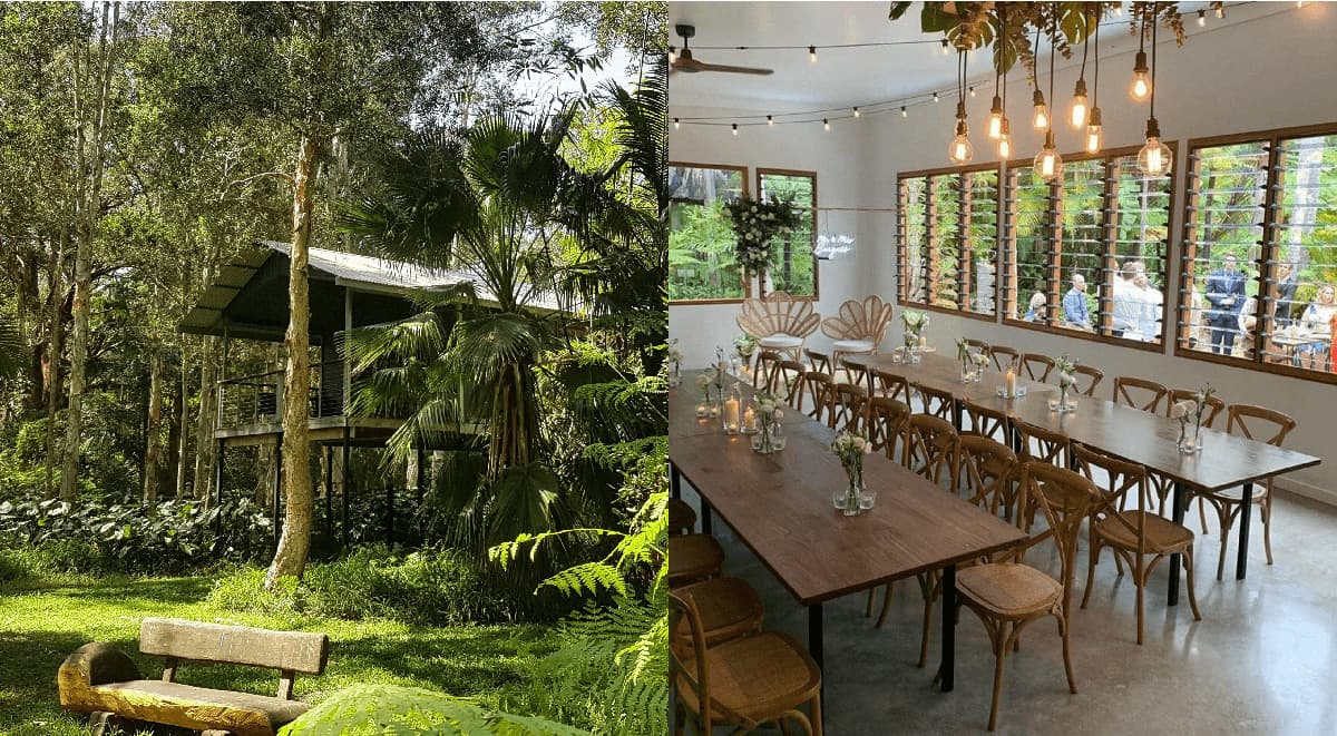 2 photo collage where the first show a two-storey building in the middle of the rainforest, the second shows a dining hall with 2 long tables and wooden chair around them. 