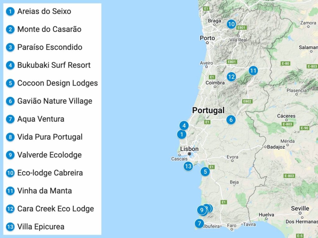 A map of Portugal with blue pins showing where all these eco-lodges described in this articles are situated. 