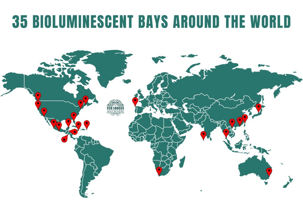 A world map in green with red pins showing 33 bioluminescent bays around the world.