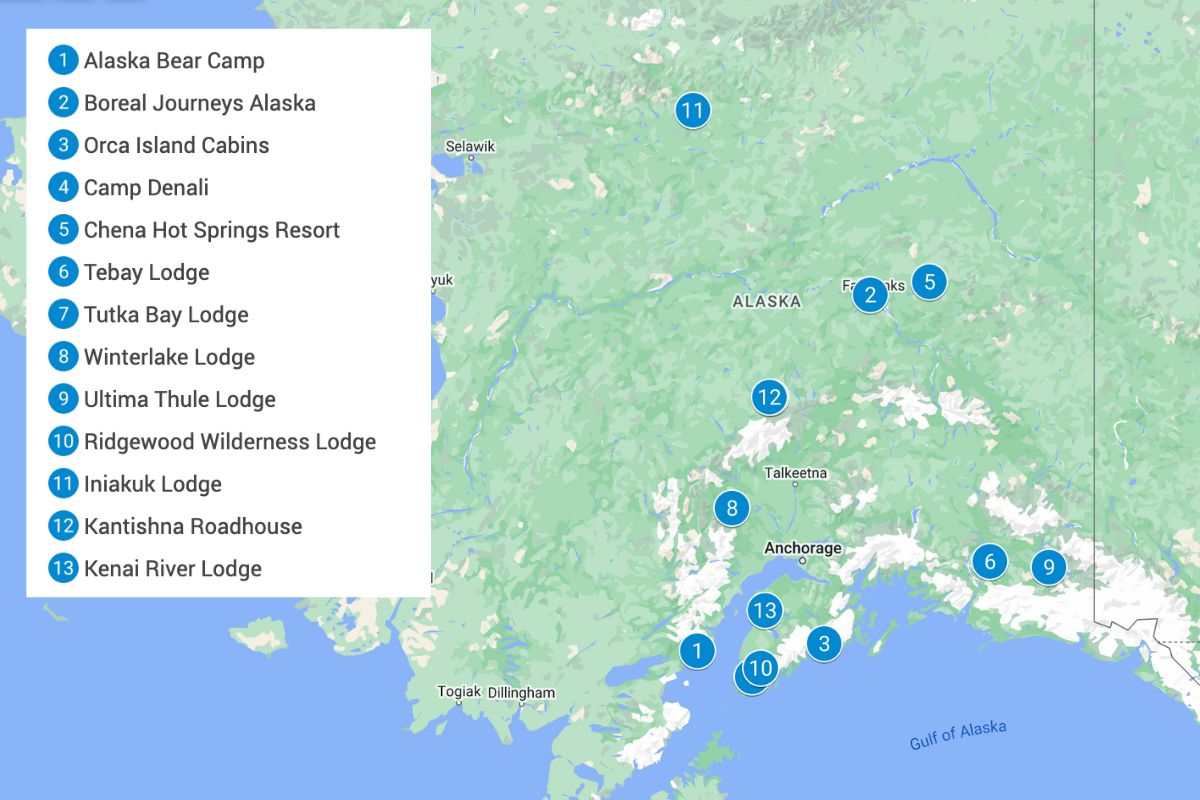 Map of Alaska with blue pins showing the eco-lodges listed in this article.