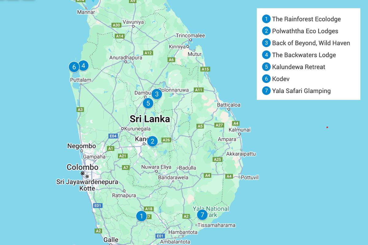 Map of Sri Lanka with blue pins showing the eco-lodges listed in this article.