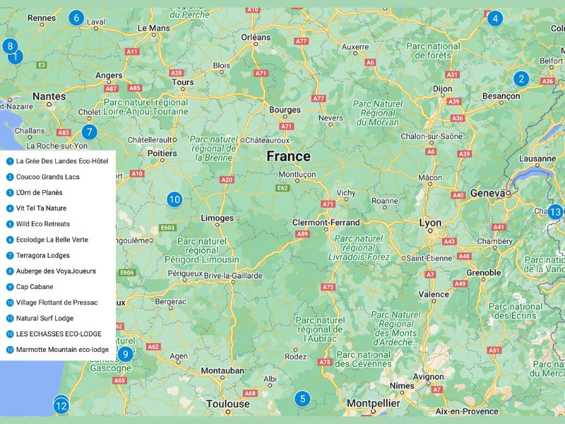 Partial map of France with blue circles pointing to each of the 12 eco lodges featured in this article