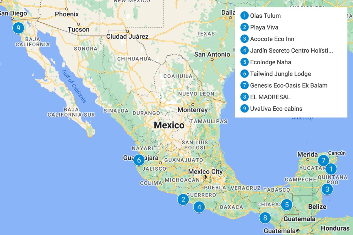 Map of Mexico with blue pins showing the eco-lodges listed in this article.
