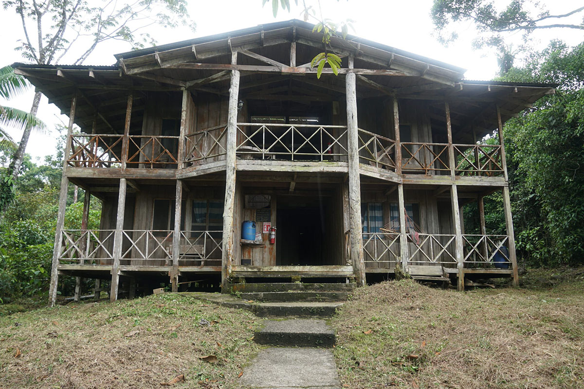 A wooden two-storey building in the middle of the jungle