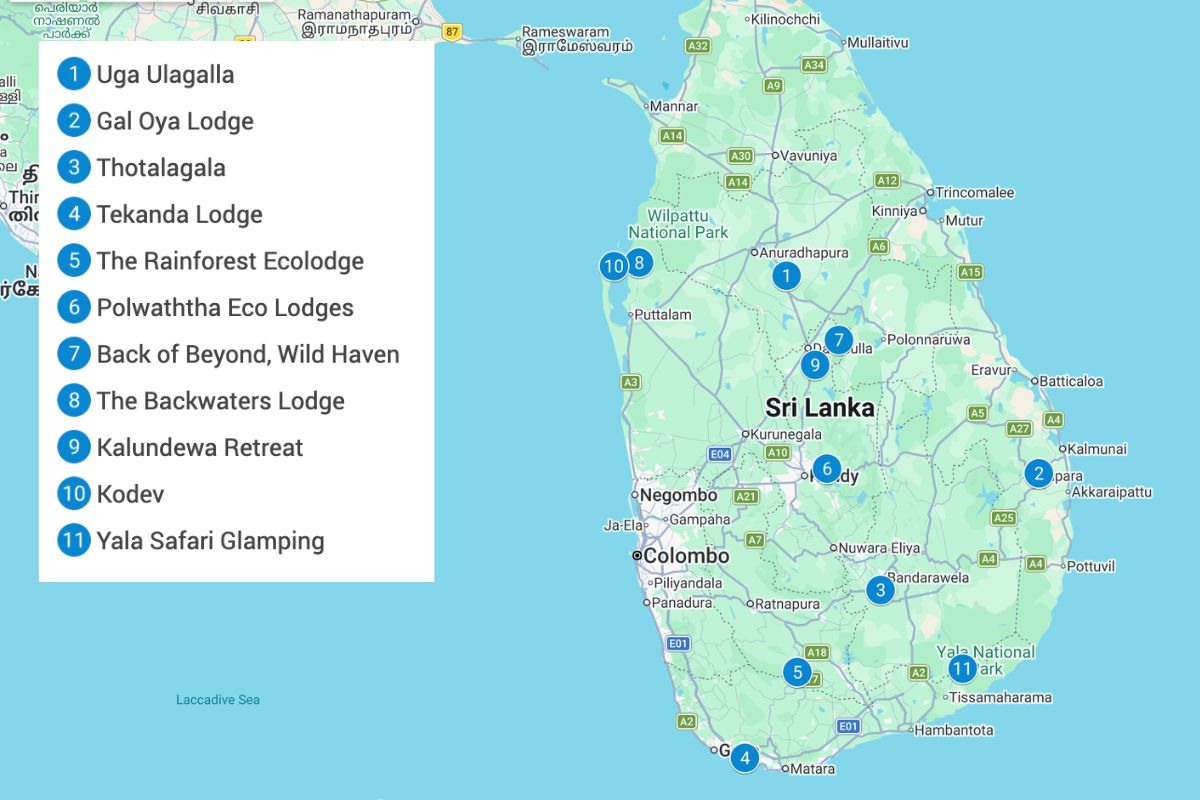 Map of Sri Lanka with blue pins showing the eco-lodges listed in this article.