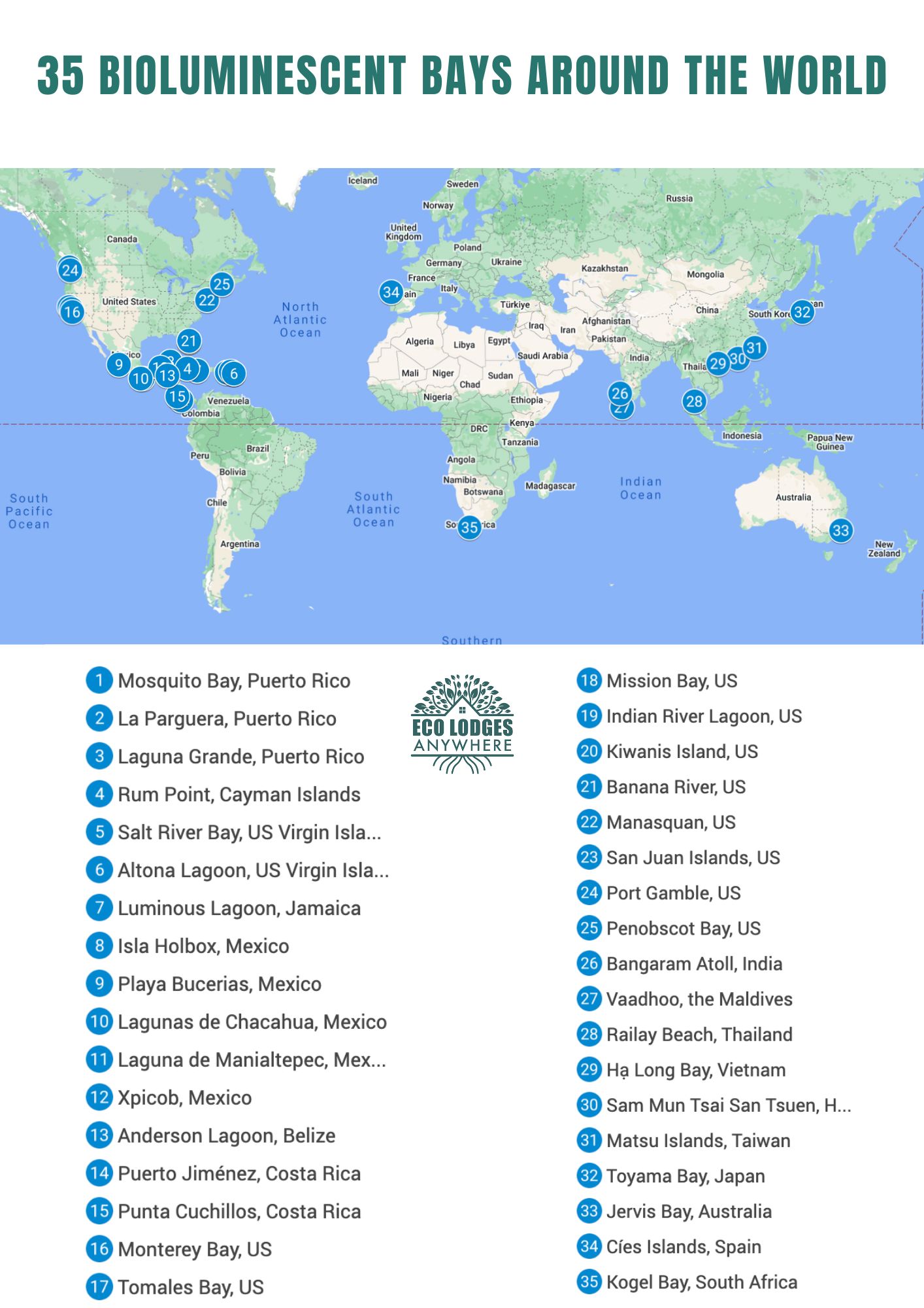 Map of the world with pins for each bioluminescent bay.