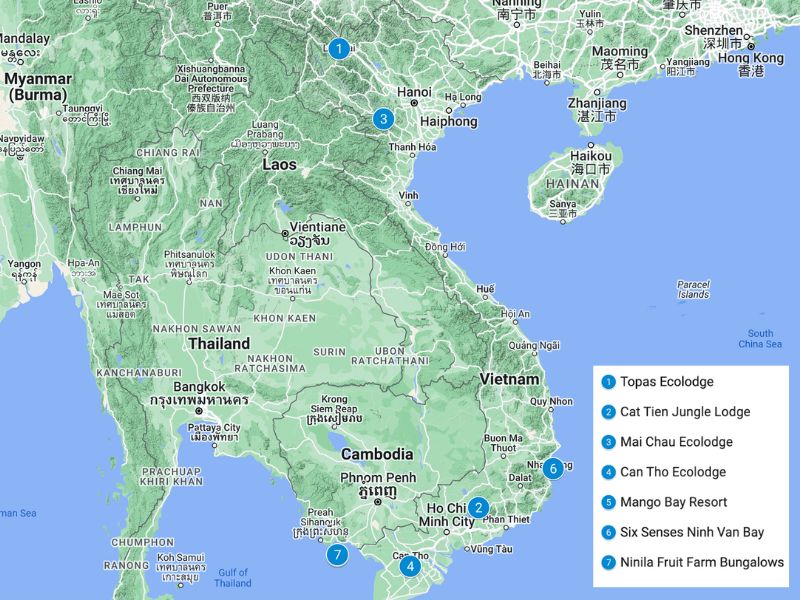 Map of Vietnam with blue pins showing the eco-lodges listed in this article