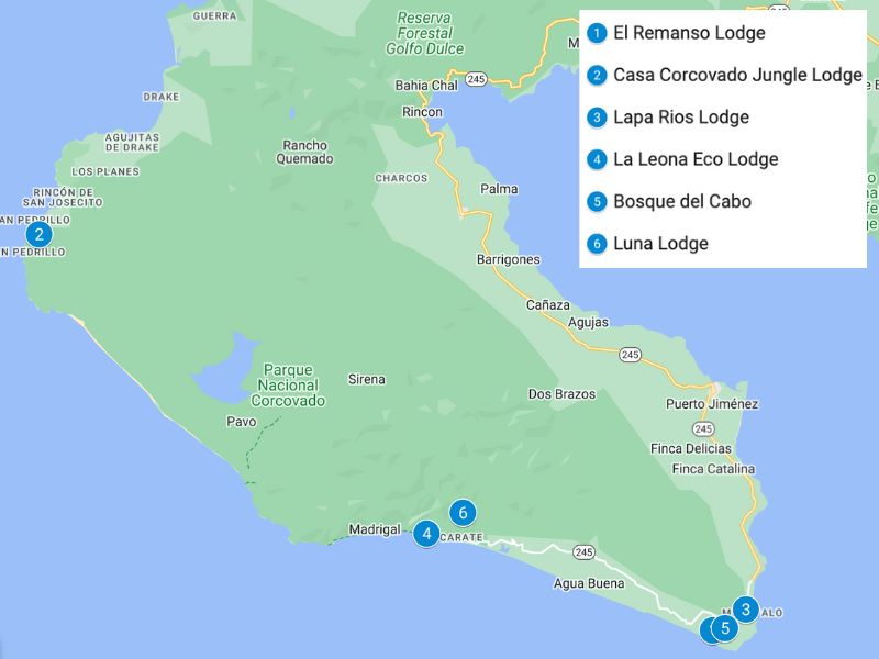 Map of Osa Peninsula with blue pins showing the eco-lodges listed in this article