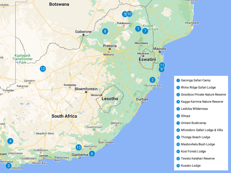 Map of South Africa with blue pins showing the eco-lodges listed in this article