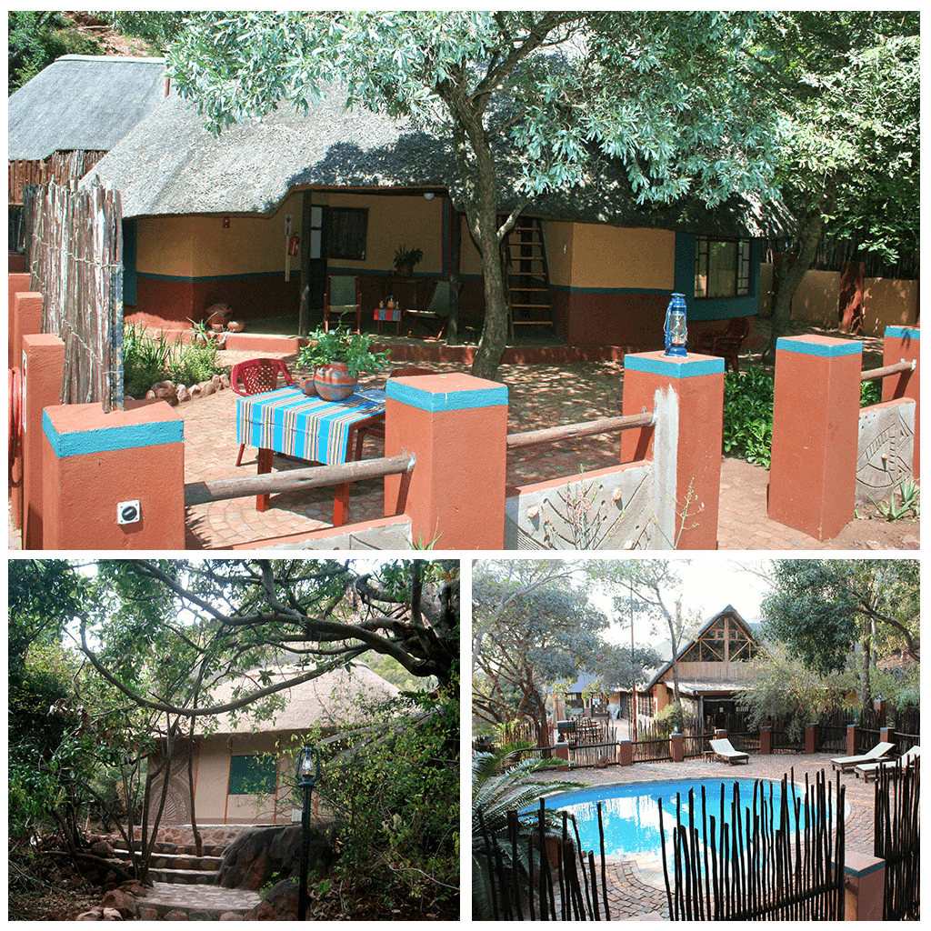 3 photo collage of a lodge with colorful red orange walls and a pool in the front