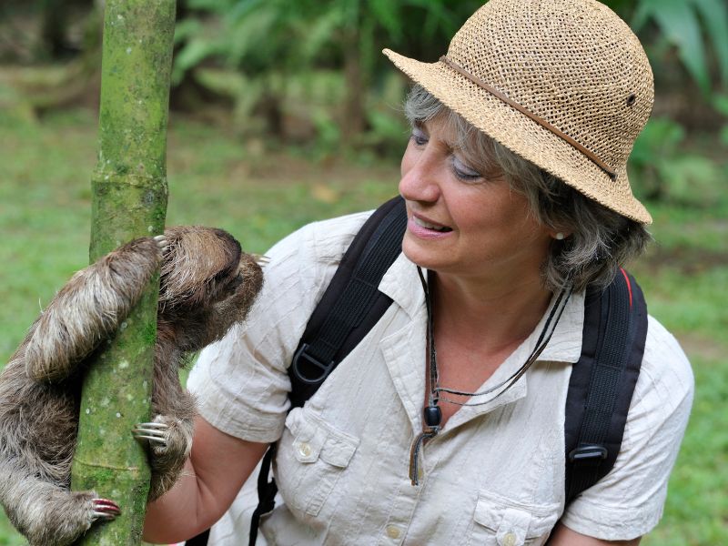 A woman is looking at a sloth hugging a tree.