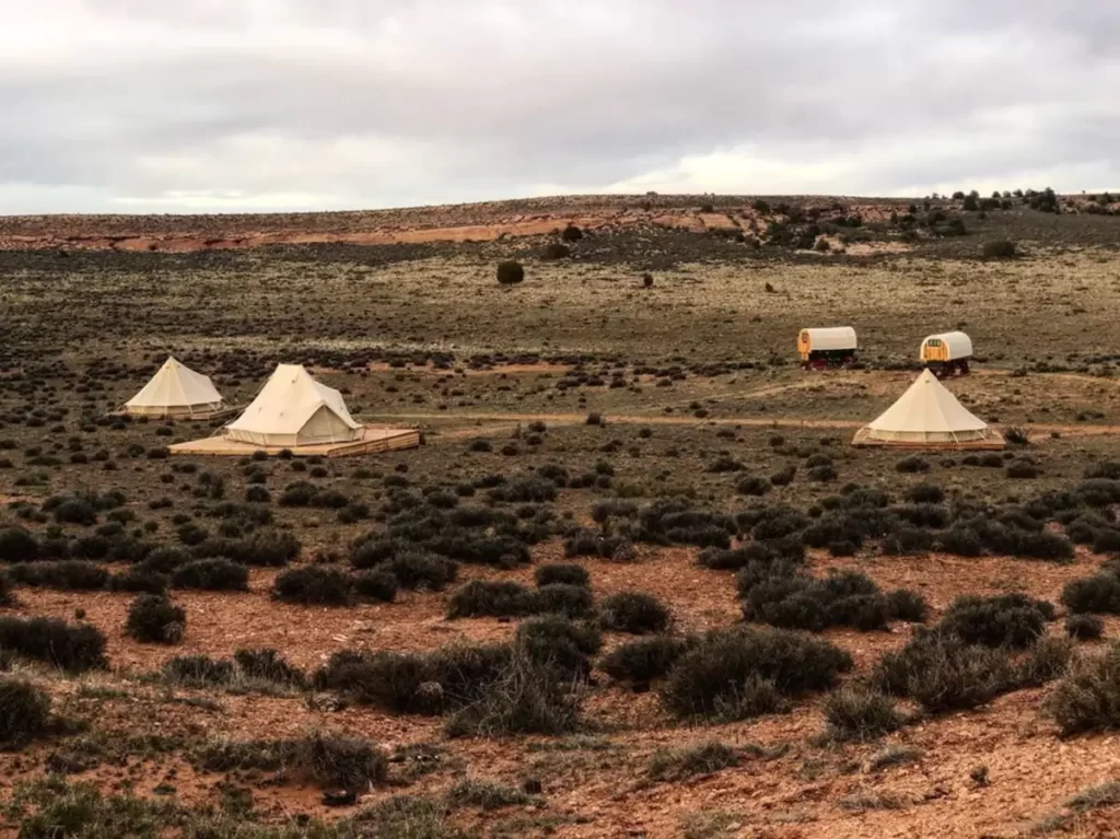 Large white tents in a plain with green bushes and red earth.