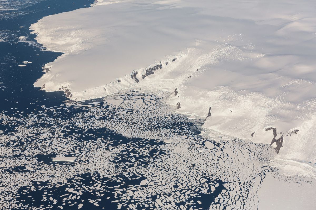 Snow-covered landscape and sea in Antarctica