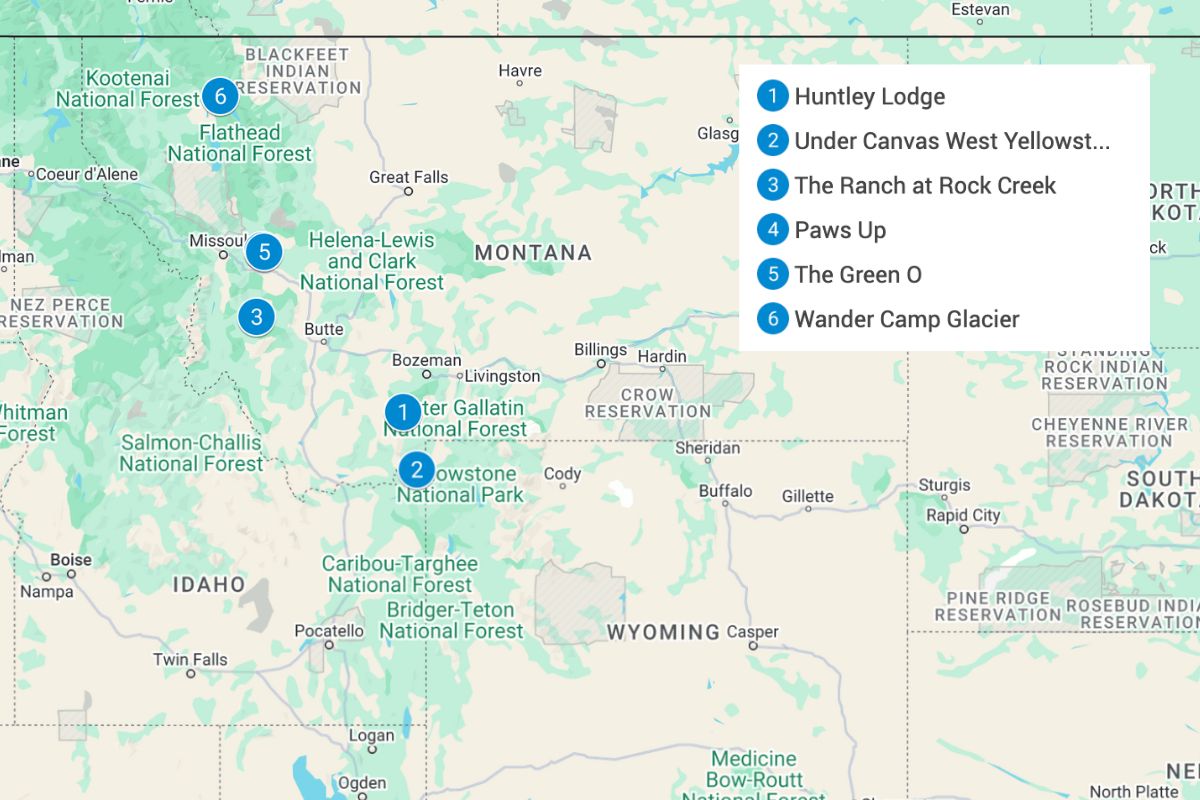 Map of Montana with blue pins showing the eco-lodges listed in this article.