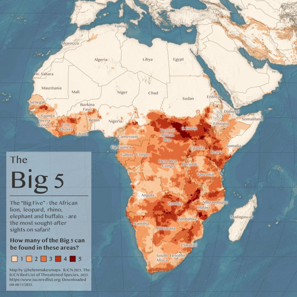 A map of Africa colored in orange dots where the big five animals can be seen