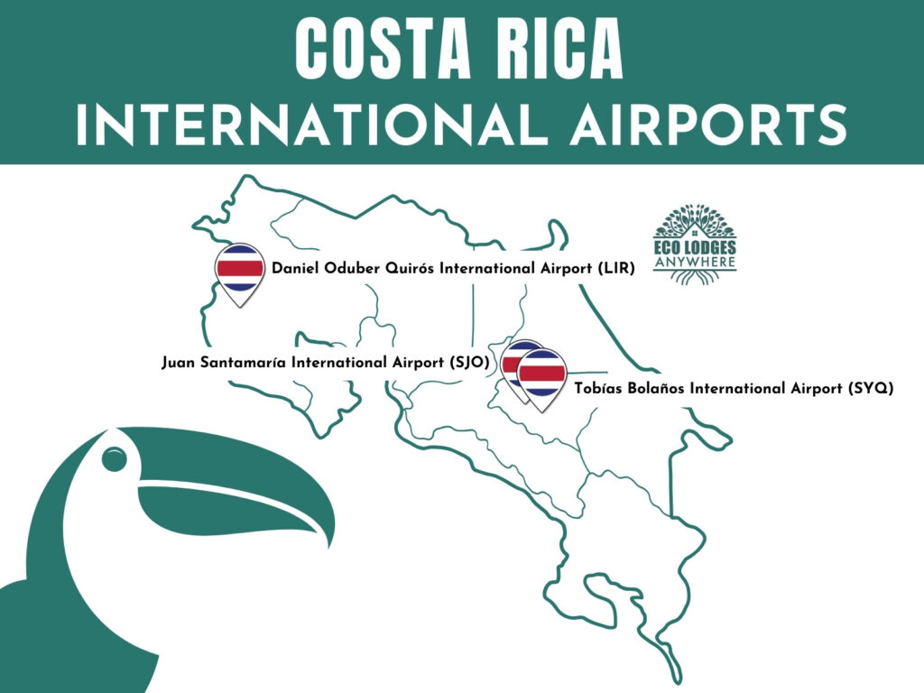map of costa rica with pins showing the international airports