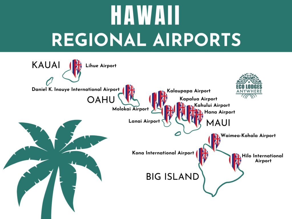 Map of Hawaii with pins showing the regional airports.
