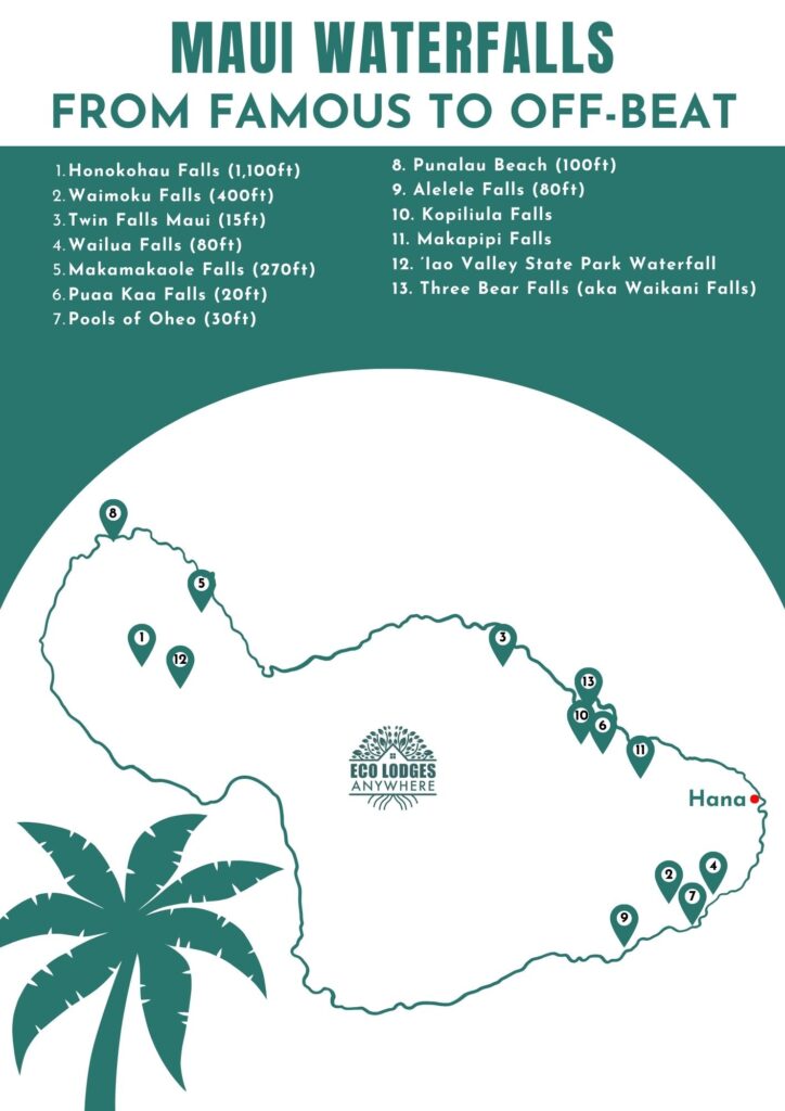 Map of Maui with pins for each waterfall listed.