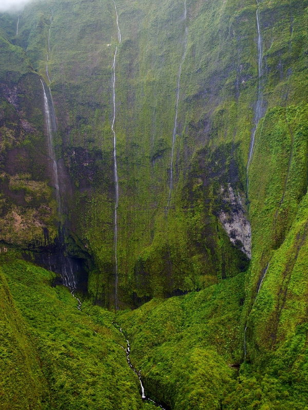 Several thin tall falls flowing down a dark green moss covered mountain.