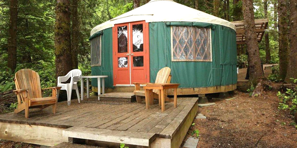 Green yurt with red door in the woods