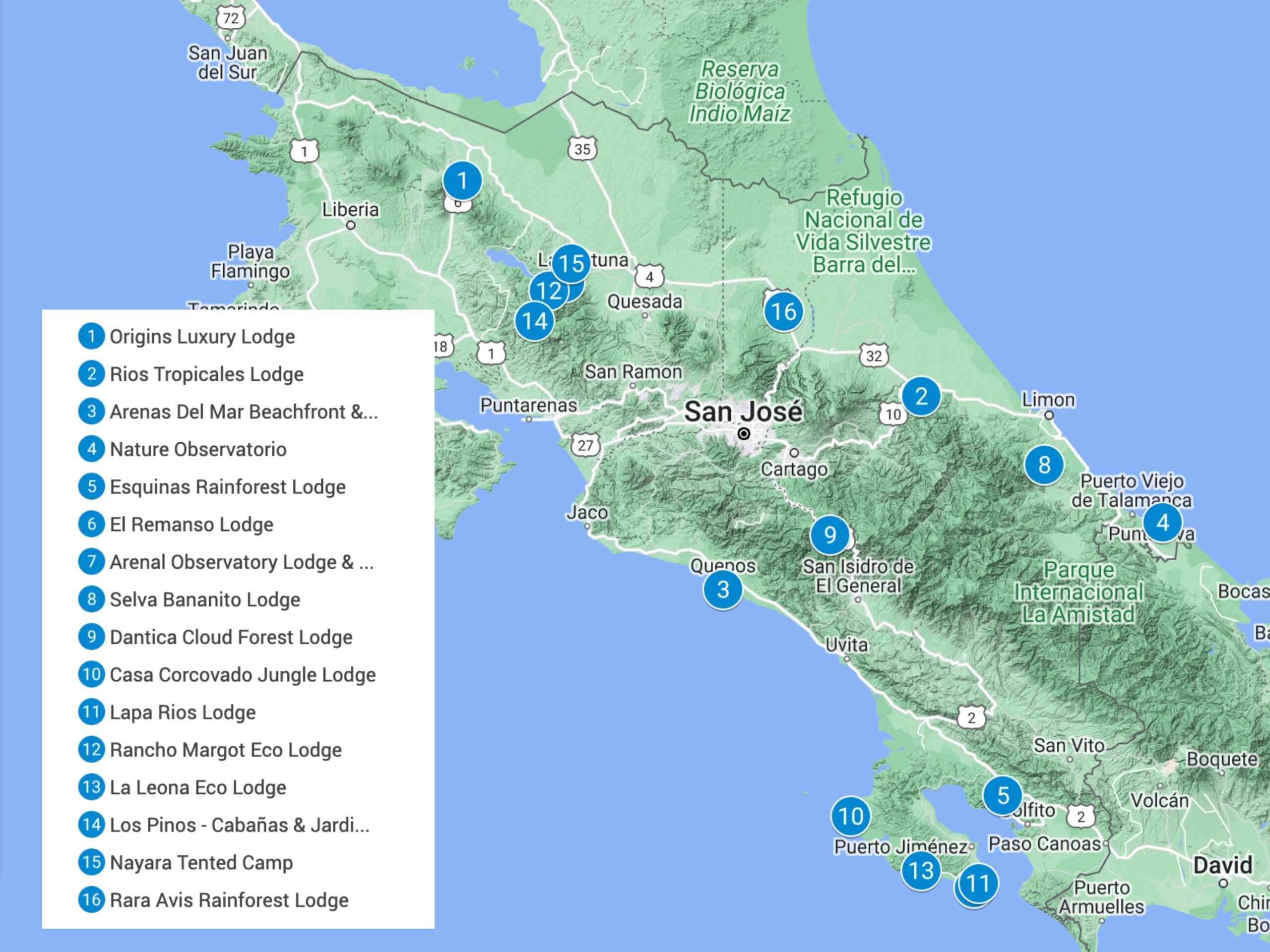 Map of Costa rica with blue pins showing the eco-lodges listed in this article