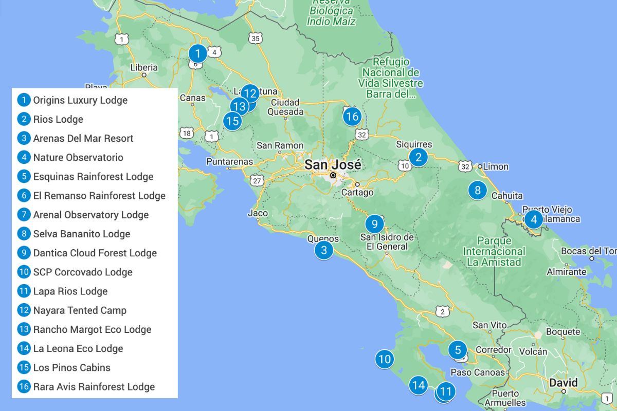 Map of Costa Rica with blue pins showing the eco-lodges listed in this article.