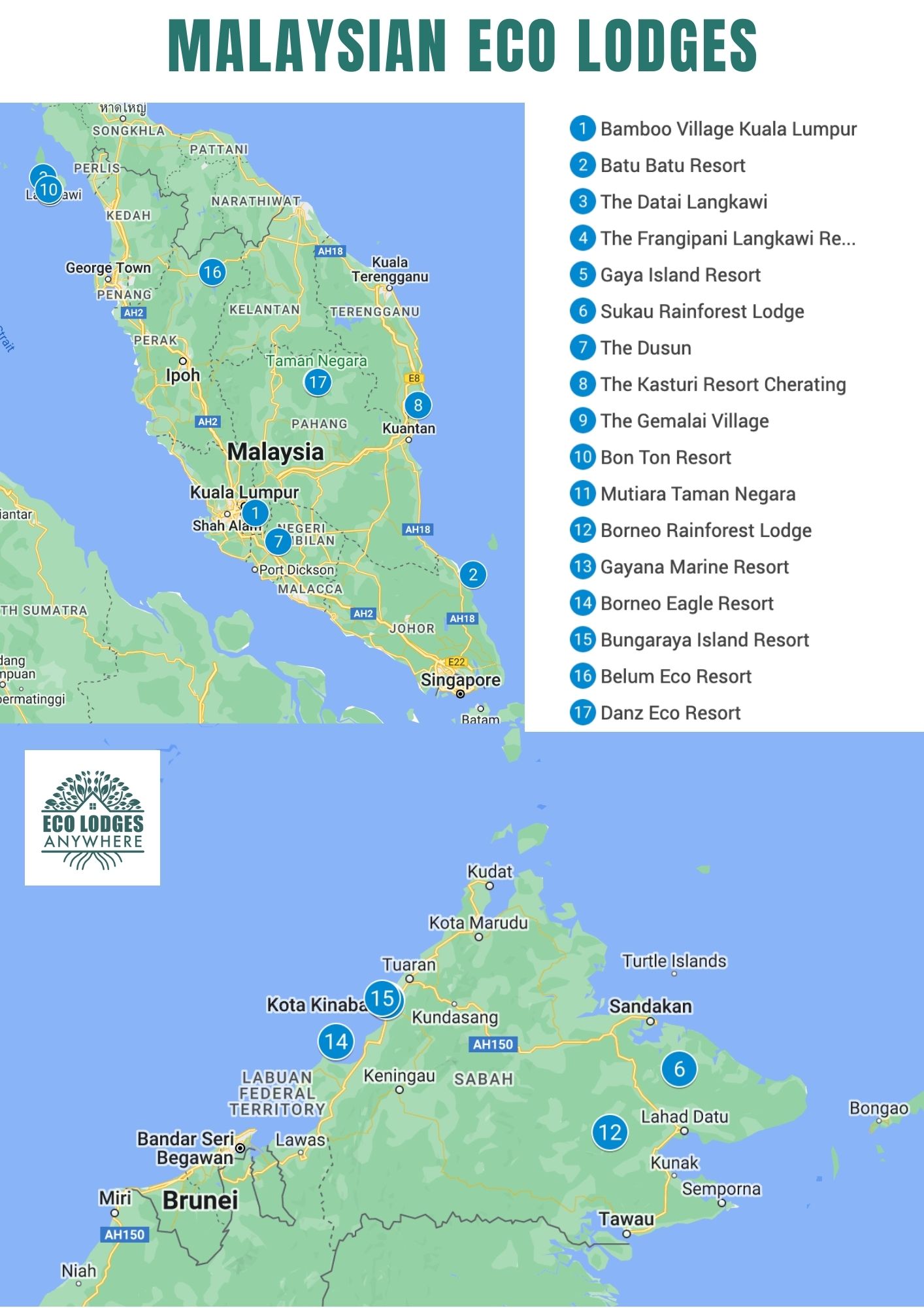 Map of Malaysia with blue pins showing the eco-lodges listed in this article