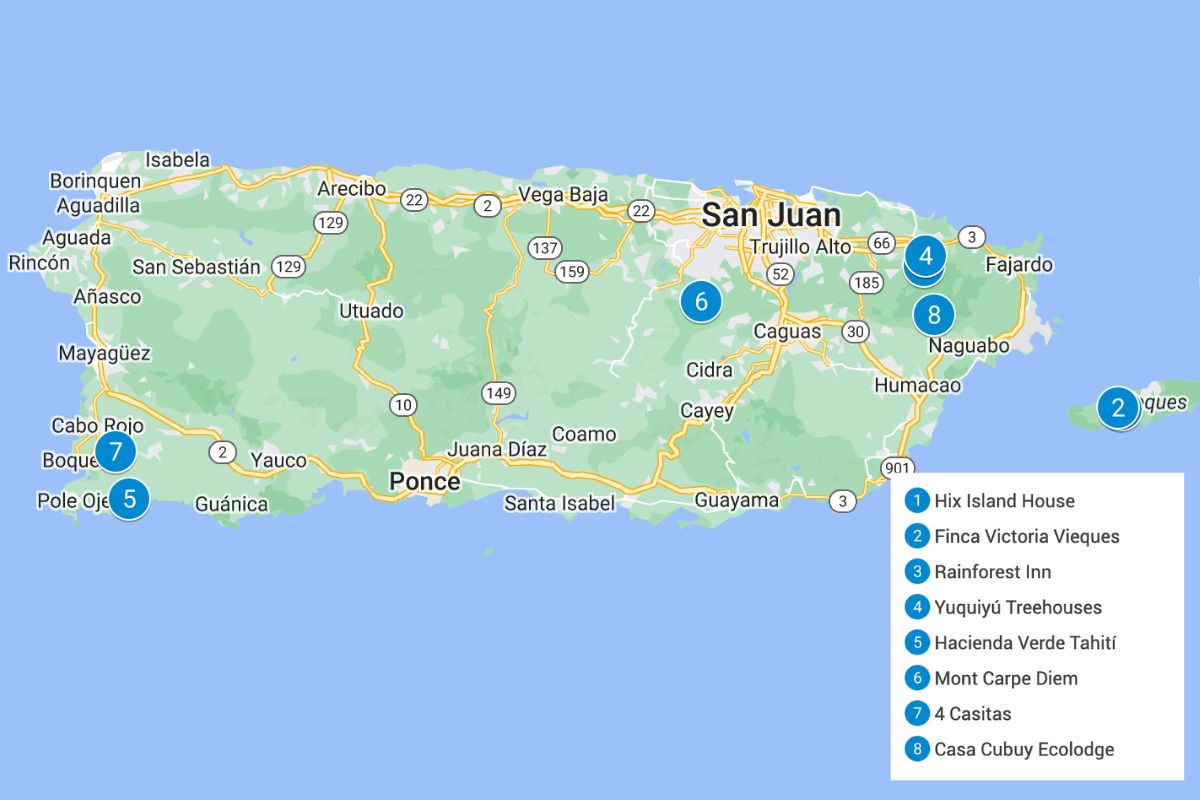 Map of Puerto Rico with blue pins showing the eco-lodges listed in this article.