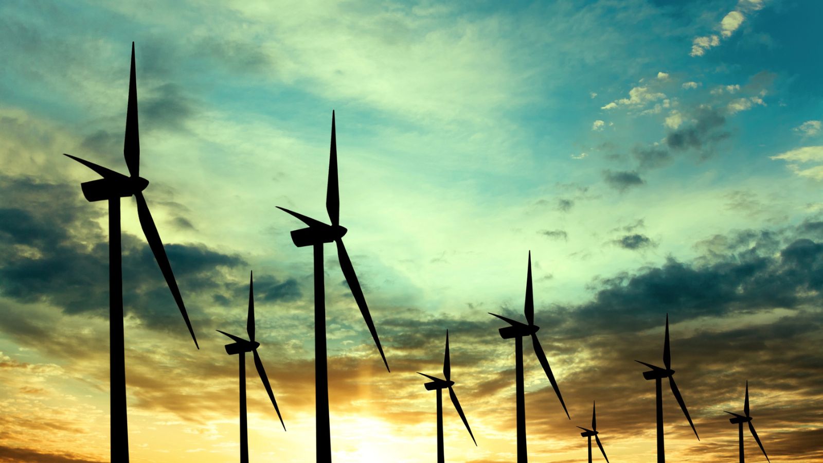 Wind turbines in green yellow sunset