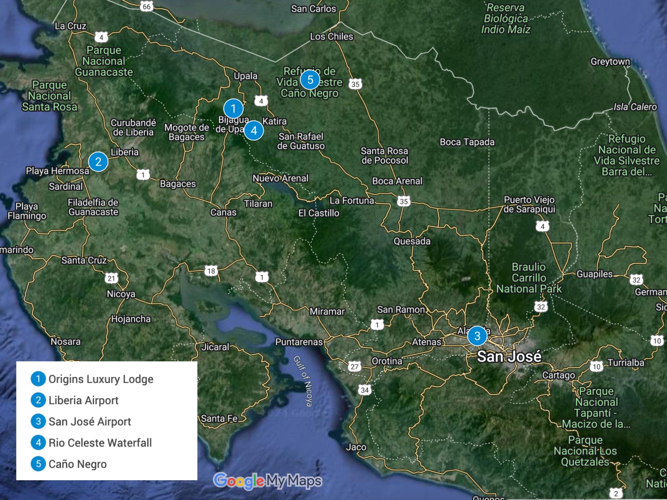 Costa Rica map with airports, sights, and Origins Lodge