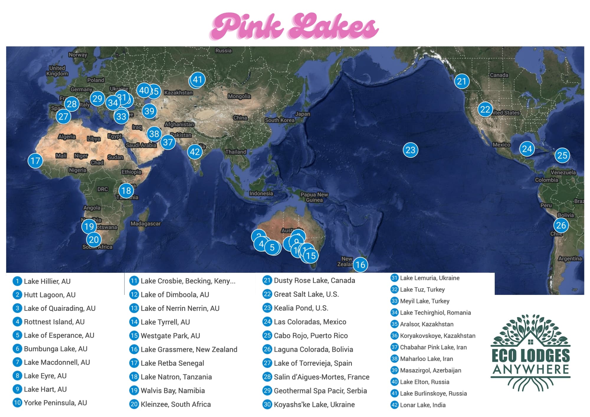 World Map with blue pins showing the pink lakes listed in this article