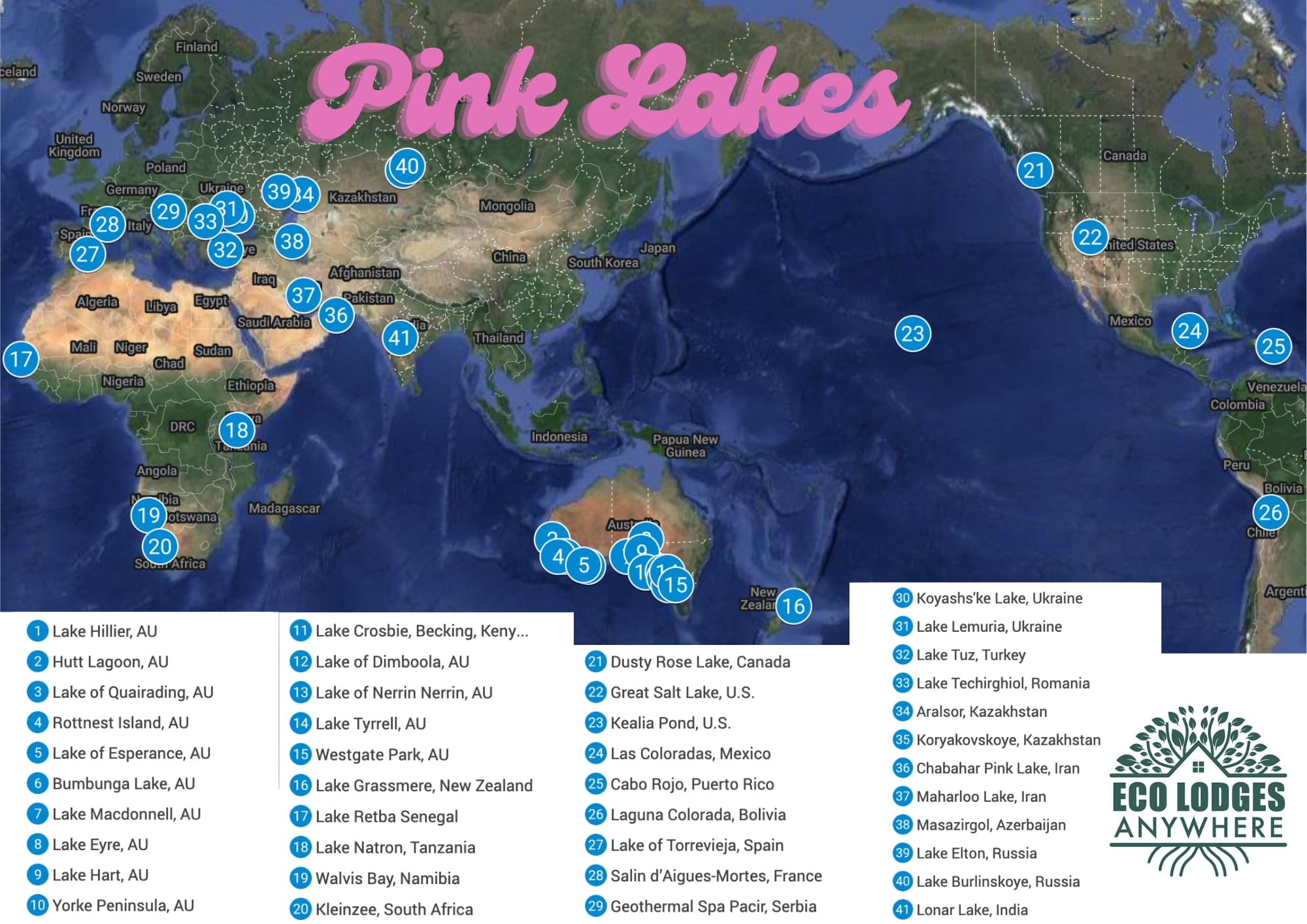 World Map with blue pins showing the pink lakes listed in this article