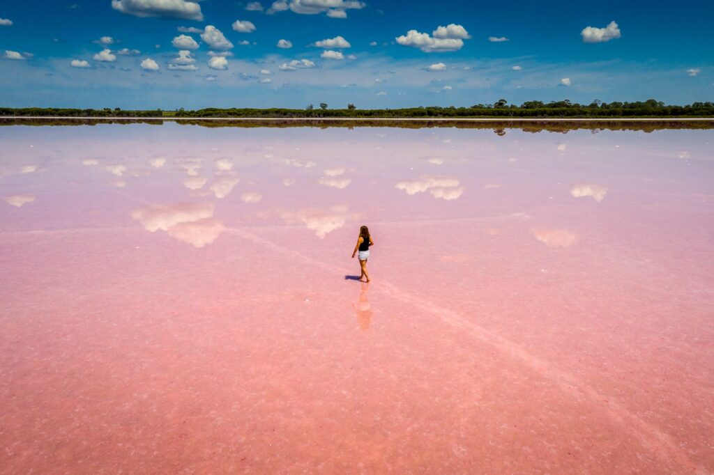 A woman is walking in a middle of a very shallow pink colored lake. 