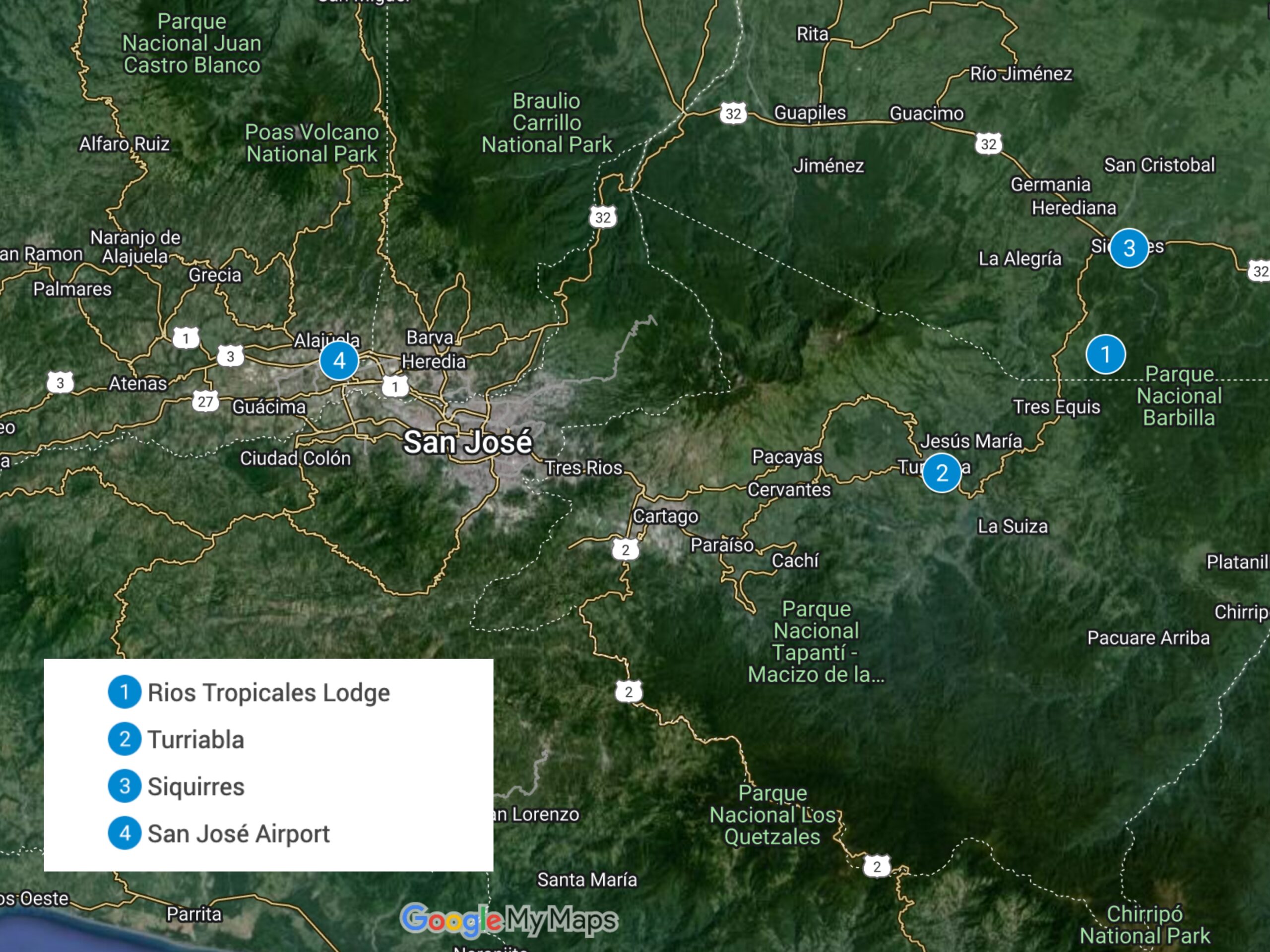 Costa Rica map with airports, Rios Lodge, and towns where we stopped